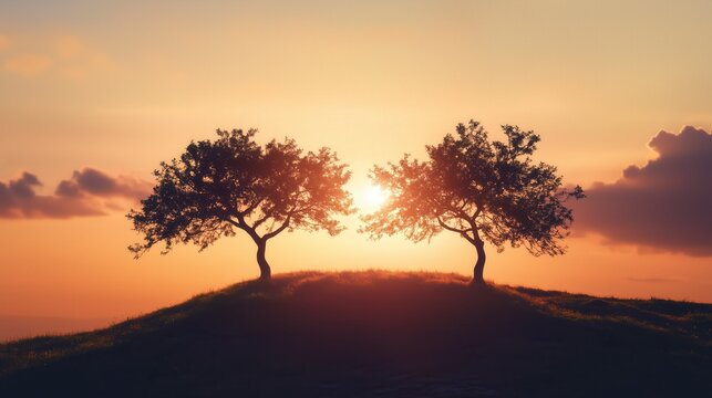 Two trees atop a hill, their branches intertwining like a graceful dance, silhouetted against a warm and glowing sunset sky