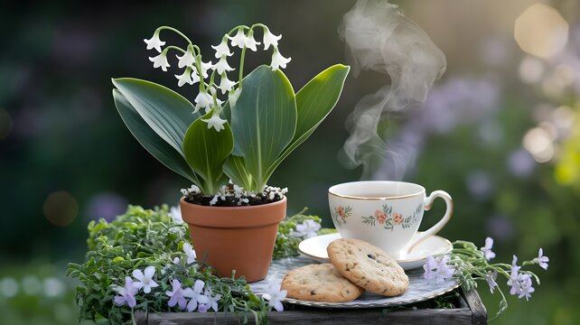 Relax di primavera, una tazza di te in giardino con mughetti in fiore