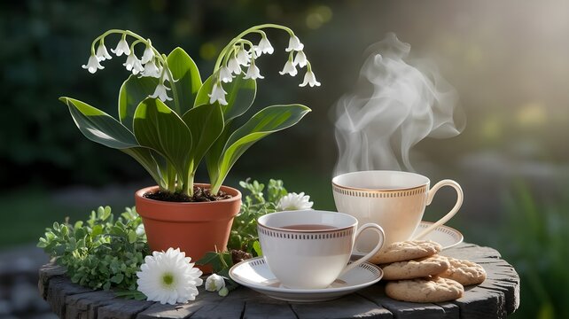 Relax di primavera, una tazza di te in giardino con mughetti in fiore