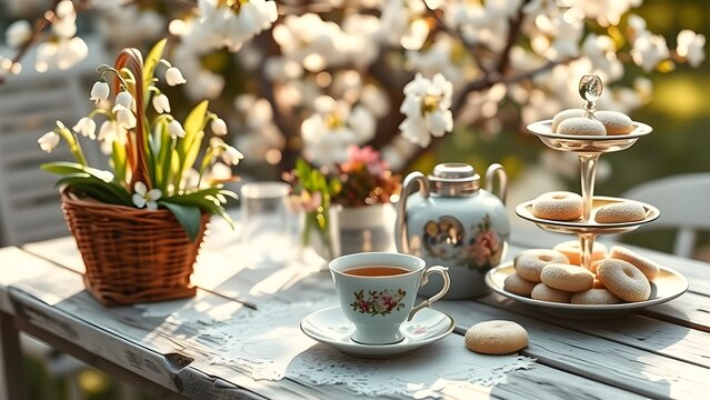 Relax di primavera, una tazza di te in giardino con mughetti in fiore