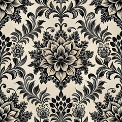Black and white floral patterned wallpaper with a flower in the center