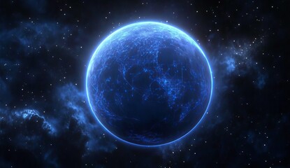 Obraz premium A futuristic blue earth is depicted in a modern illustration, set against a backdrop of abstract technology and digital transformation, and featuring elements of stock and big data