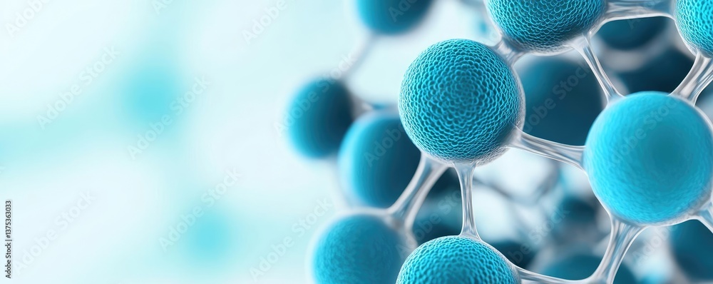 Poster blue exosome particles with 3d particle visualization concept. close-up of blue molecular structure 