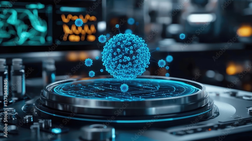Poster blue exosome particles with 3d biotechnology visualization concept. a blue 3d rendering of a molecul