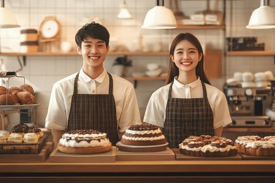 cafe owner portrait business shop job service occupation couple bakery happy food bread cake  family work, created using generative ai technology, Generative AI