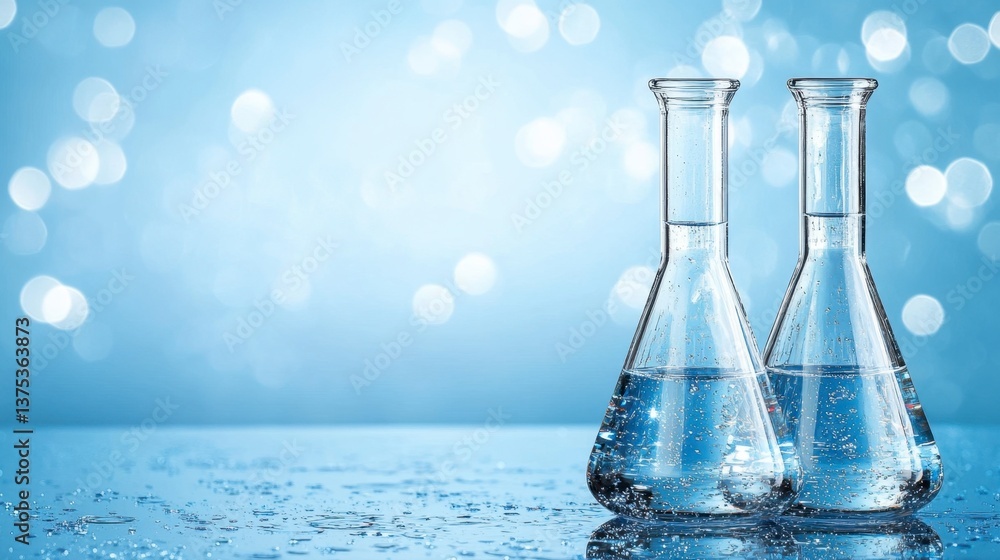 Poster two erlenmeyer flasks filled with clear liquid sit on a reflective surface against a bokeh backgroun