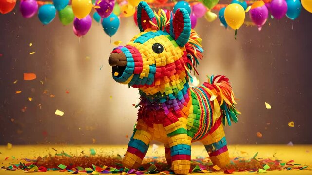 Vibrant donkey pinata with colorful confetti. Traditional Mexican cinco de mayo greeting card