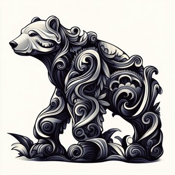 Art Nouveau polar bear, flowing lines, ornate motifs.