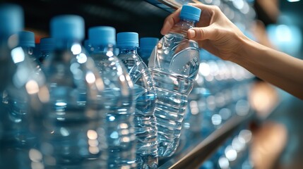 A hand is taking drinking water from shelf with a big copy space and clean portrait, Generative AI.