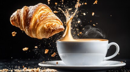 A croissant being dipped into a cup of hot coffee, crumbs floating on the surface