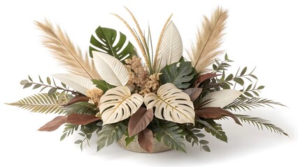 Fototapeta premium Designer Arrangement of Assorted Exotic Leaves in Neutral Tones, Isolated on a White Background, designed for modern interior styling and luxury botanical decor, Botanical Stock Image