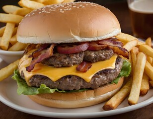 Double Bacon Cheeseburger with Fries and Beverages