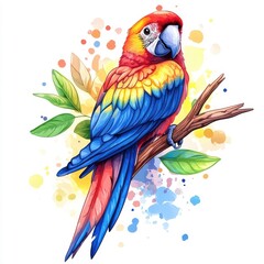 Obraz premium A parrot illustrated in watercolor style, featuring a blend of soft, vivid colors and gentle brushstrokes.