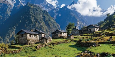 Obraz premium A remote mountain village with traditional stone houses, set against a backdrop of towering peaks. 
