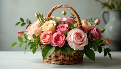 Fresh flowers in a woven basket wreath , fresh flowers, wreath