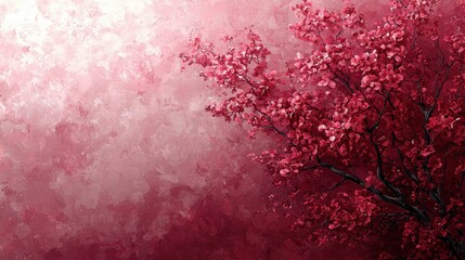 A vibrant painting depicts a blossoming cherry tree with dark branches against a textured pink and white background creating a dreamy artistic floral scene.