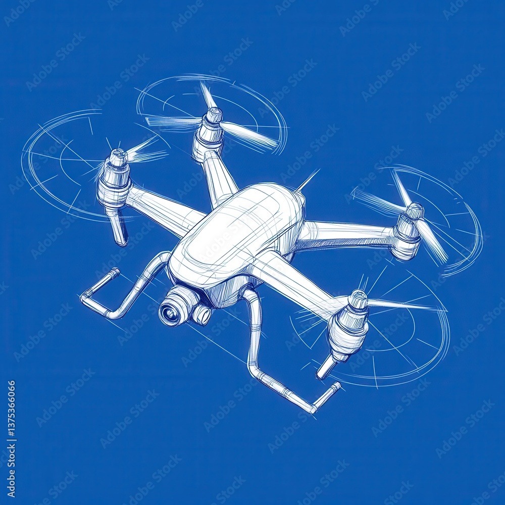 Poster white drone with four rotors against a blue background, shown in a technical drawing style with dott
