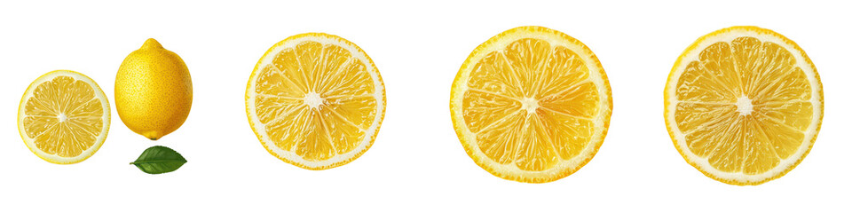 Assortment of fresh juicy lemon slices in various sizes and shapes against a bright white background