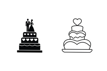 Wedding Cake Icons Silhouette, Line Art, Bride, Groom, Hearts