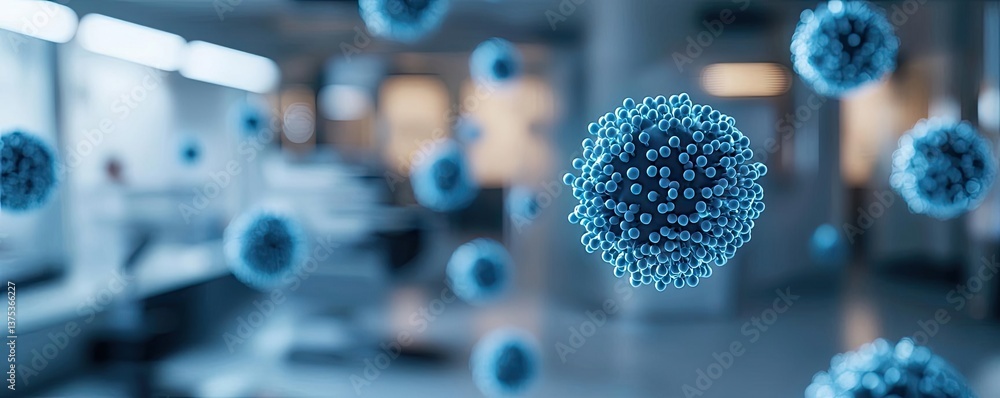 Poster blue exosome particles with 3d biotechnology visualization concept. detailed view of virus particles
