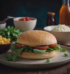 Delicious Burger Meal with Fries and Fresh Sides