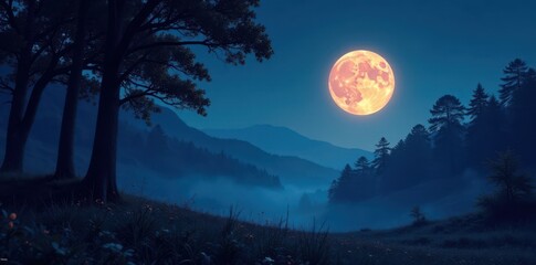 Full moon illuminated forest landscape at dusk, night scene, darkness