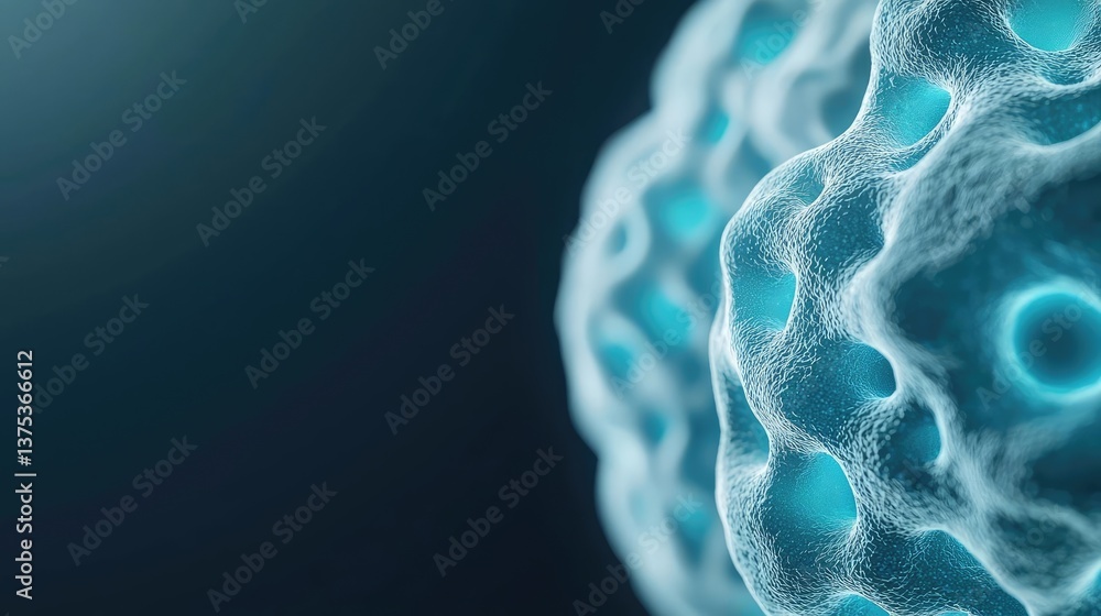 Poster blue exosome particles with 3d biotechnology visualization concept. close-up view of a textured cell