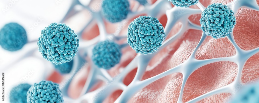 Aufkleber blue exosome particles with 3d medical visualization concept. microscopic view of blue and red parti
