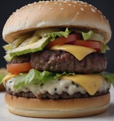 Double Cheeseburger with Fresh Vegetables on Black Background