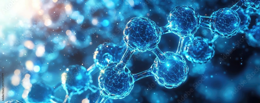 Poster blue exosome particles with 3d biotechnology visualization concept. close-up view of blue molecular 
