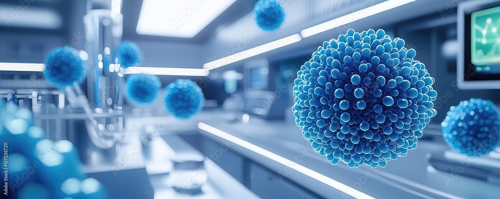 Poster blue exosome particles with 3d particle visualization concept. microscopic view of blue viruses in a