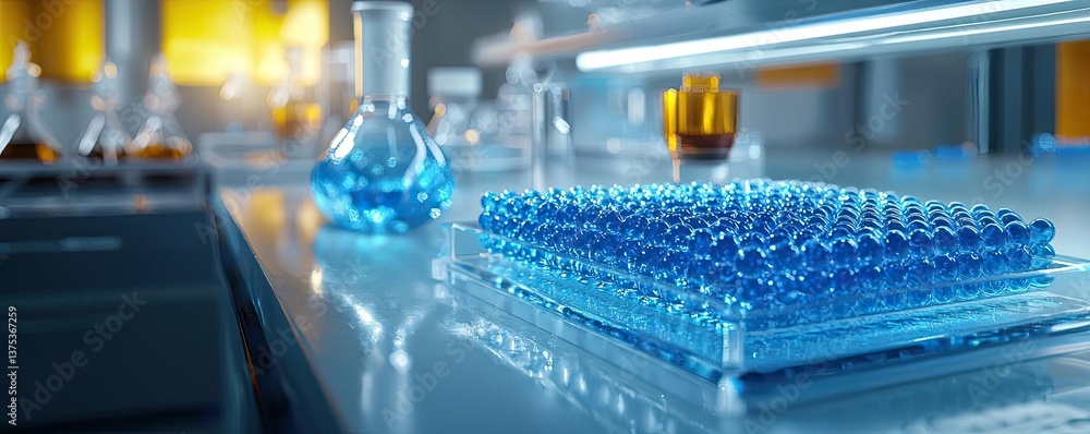 Poster blue exosome particles with 3d particle visualization concept. laboratory glassware with blue soluti