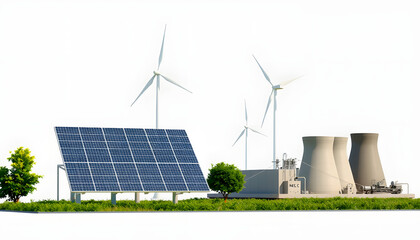 Clean energy generated by solar panels station and windmills versus conventional energy with fuel coal power plant , with white tonespng