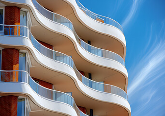 Nowoczesna architektura z falistymi balkonami tworzącymi dynamiczny wzór. Fasada luksusowego apartamentowca na tle błękitnego nieba.