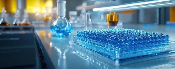 Blue exosome particles with 3D particle visualization concept. Laboratory glassware with blue solution on modern workspace.