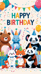 Naklejka premium Creative animal birthday celebration with party hats and balloons ideal for childrens birthday cards colorful and fun birthday decorations for kids party celebrations with Text