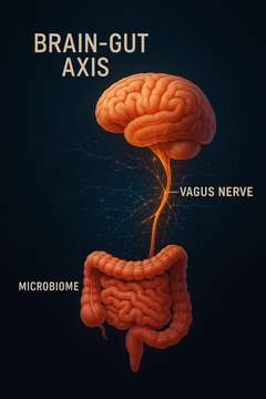 This image illustrates the brain-gut axis, highlighting the connection between the brain and the intestines through the vagus nerve and the role of the microbiome.