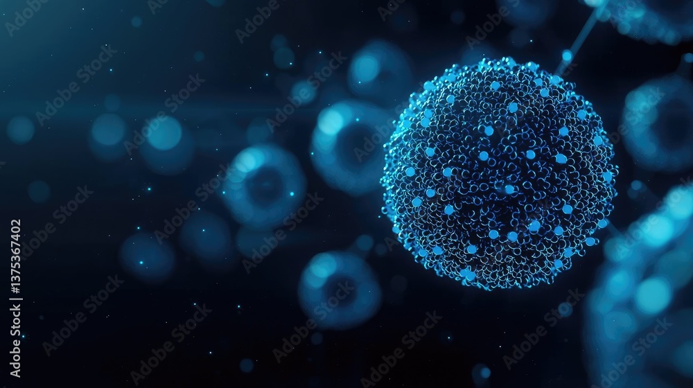 Poster blue exosome particles with 3d particle visualization concept. abstract representation of colorful b