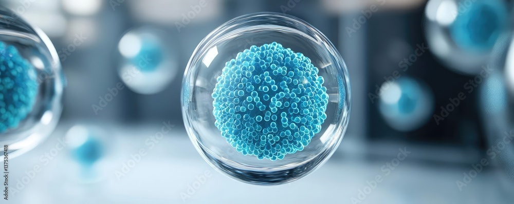 Poster blue exosome particles with 3d particle visualization concept. close-up of a blue virus cell in a mi
