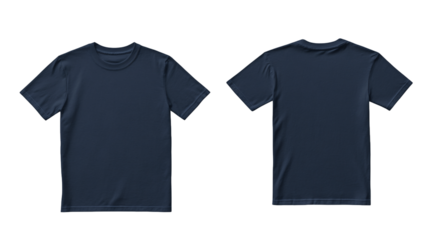 Flat lay of a navy blue t-shirt mockup, front and back view on a white background