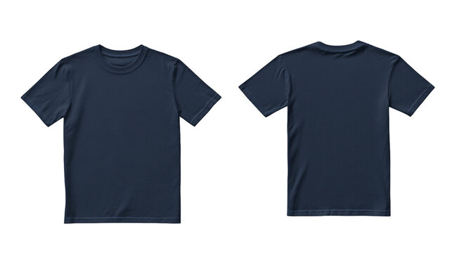 Flat lay of a navy blue t-shirt mockup, front and back view on a white background