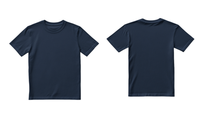 Flat lay of a navy blue t-shirt mockup, front and back view on a white background