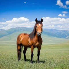 Obraz premium A brown horse stands in a lush green field under a bright blue sky with fluffy white clouds and distant mountains. 