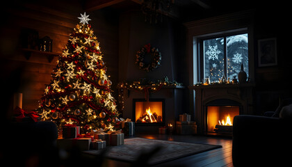 Obraz premium interior christmas. magic glowing tree, fireplace, gifts in dark , with white tonespng
