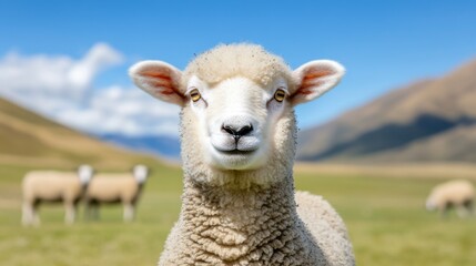 Fototapeta premium Close up of a fluffy white sheep in a green pasture with rolling hills and a bright blue sky in the background. Two other sheep are visible in the distance. 