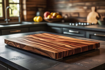 Realistic photo of wood cutting board, chopping board on table in kitchen indoor room equipment, in concept of clean and prepare for food and cooking