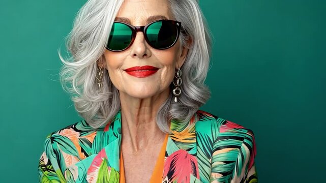 Silver-Haired Beauty in Vogue: An elegant senior woman with striking silver hair, confidently rocking sunglasses and a stylish floral blazer.