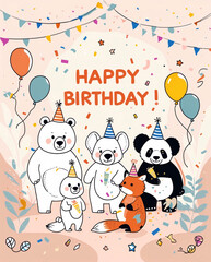 Fototapeta premium Cute illustration of colorful animals celebrating with party hats and balloons perfect for kids birthday card cheerful animal birthday design with festive party decorations for children with Text