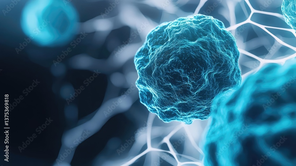 Poster blue exosome particles with 3d particle visualization concept. close-up view of blue cells illustrat