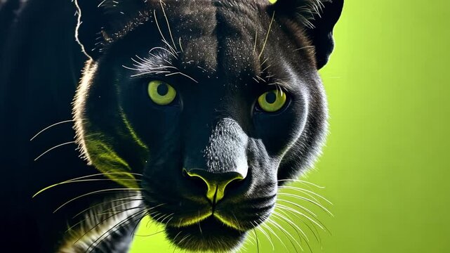 The Enigmatic Gaze of the Panther: A close-up shot captures the intense stare of a sleek black panther, its eyes a mesmerizing contrast against a vivid green backdrop. A symbol of stealth.